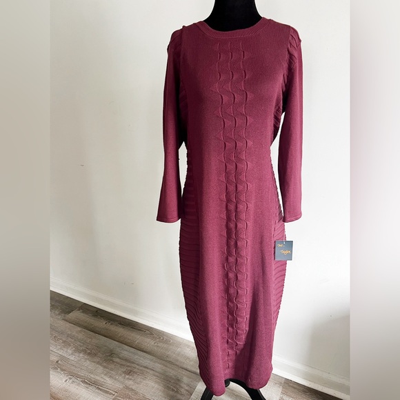 NWT Just… Taylor Ribbed Textured Sweater Midi Dress in Burgundy Wine Red - Picture 1 of 11